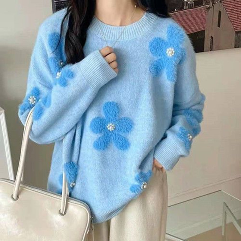 Women Winter Sweater And Pullovers Long Sleeve Oversized Chic Floral Knitted Jumpers Pink Knitwear Korean Streetwear Jumpers
