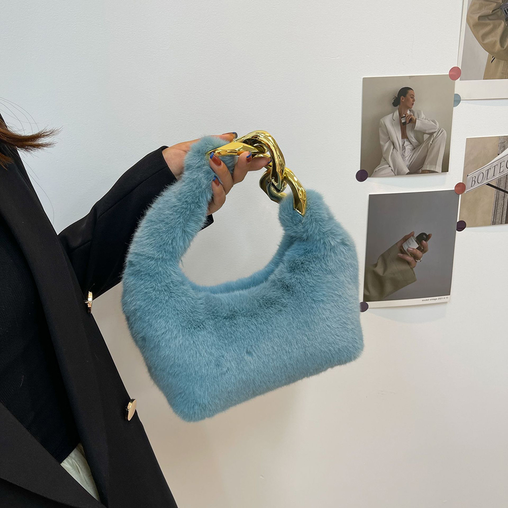 Korean Women Winter Soft Fluffy Fur Small Handbag Plush Chain Top Handle Bag Designer Purses Hobo Furry Luxury Tote Bag