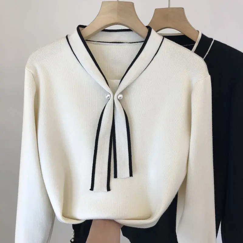 Autumn Winter Casual Bow Tie Knitted Women Sweater Tops Elegant Office Lady Loose Slim V Neck Long Sleeve Warm Solid Pullovers