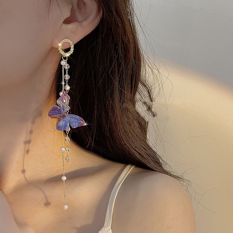 Exaggerated Blue Crystal Pearl Butterfly Tassel Long Earrings For Women Korean Fashion Earring Daily Birthday Party Jewelry Gift