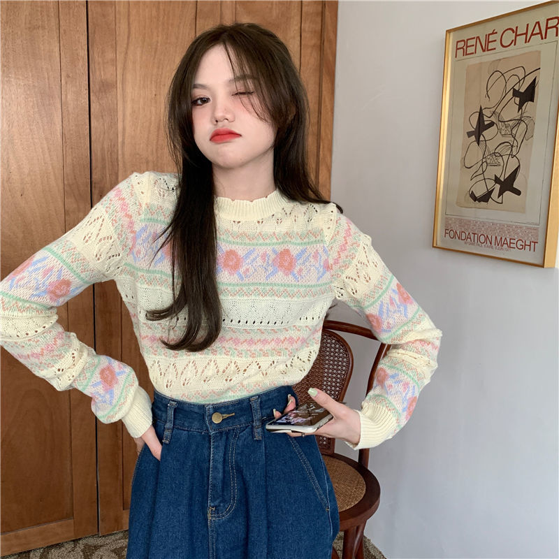 Sweater Women Korean Fashion Hollow Out Knitted Female Jumper Vintage Mesh Knitwear Aesthetic Pullover Autumn