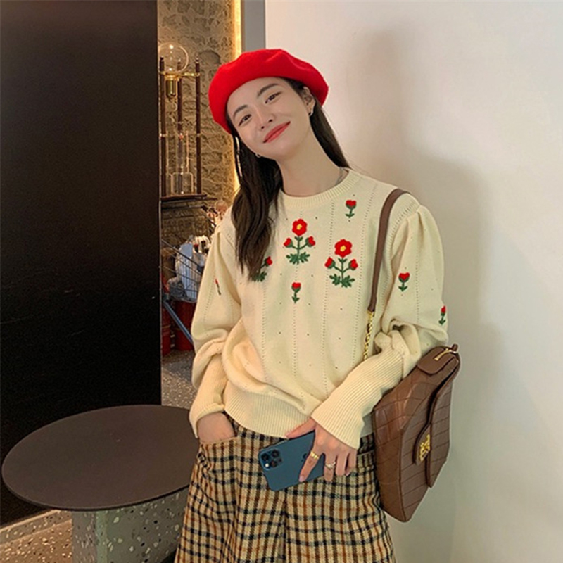 Sweet Sweaters Women Flower Print O-neck Lantern Sleeve Loose Pullovers Women Spring Korean Fashion Elegant Knitwear Female