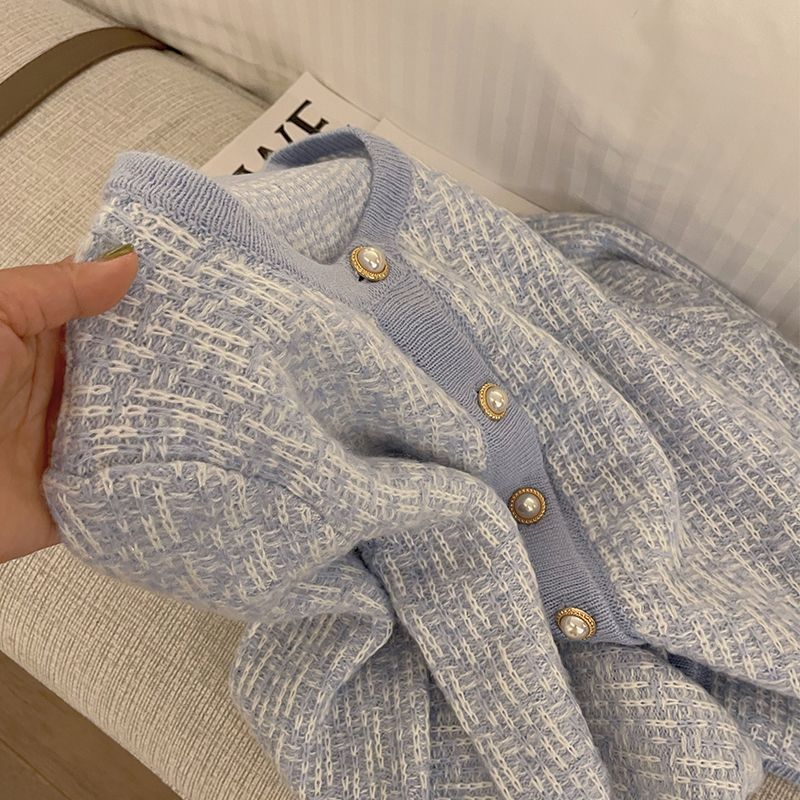 Women's Blue Sweater Round Neck Pearl Button Cardigan Long Sleeve Casual Vintage Fashion Baggy Ladies Outerwear Tops Autumn