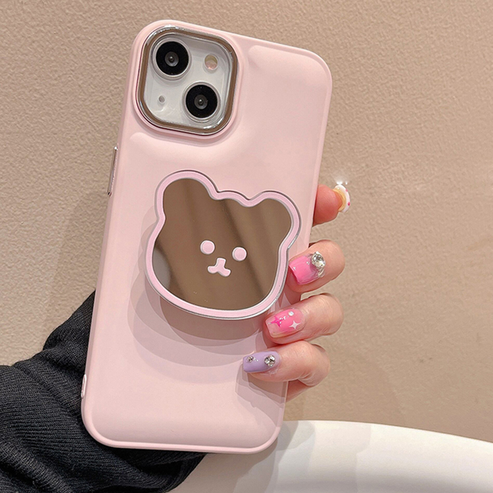 Korean Cute Mirror Bear Ring Holder Stand Pink Silicone Case For Iphone 14 13 12 11 Pro Max 12 Pro 13 7 8 Plus X Xr Xs Max Cover