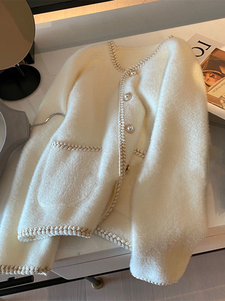 French Small Fragrance Pearl Button Sweater Cardigan Women's Top Gentle Mink Fleece Knit Jacket