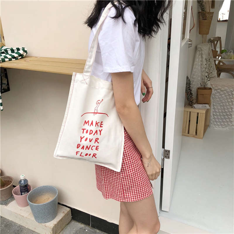 Women's Korean Simple Handbag Red Letter Printing Art Reusable Shoulder Bags Summer Ladies Canvas Book Shopping Totes Bag