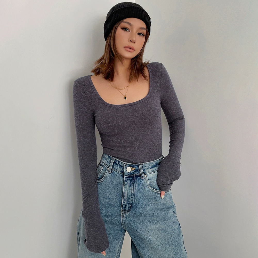 Low Round Neck Bottoming Shirt With Tight Knitted Long-sleeved T-shirt Top
