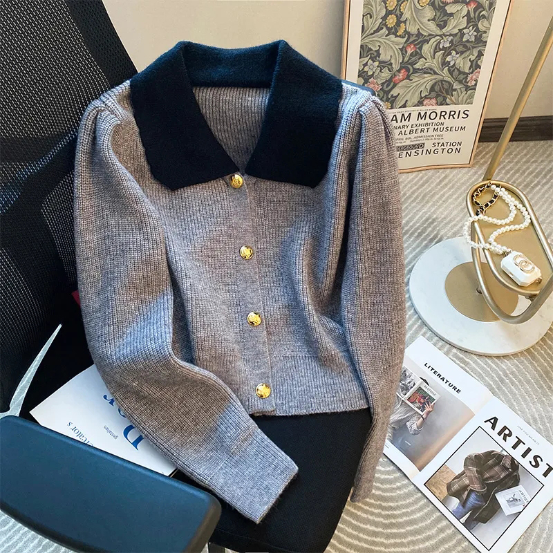 Vintage Knitted Cardigans Women Crop Patchwork Sweater Coat Korean Elegant Knitwear Jackets All Match Short Jumper Outwear Tops
