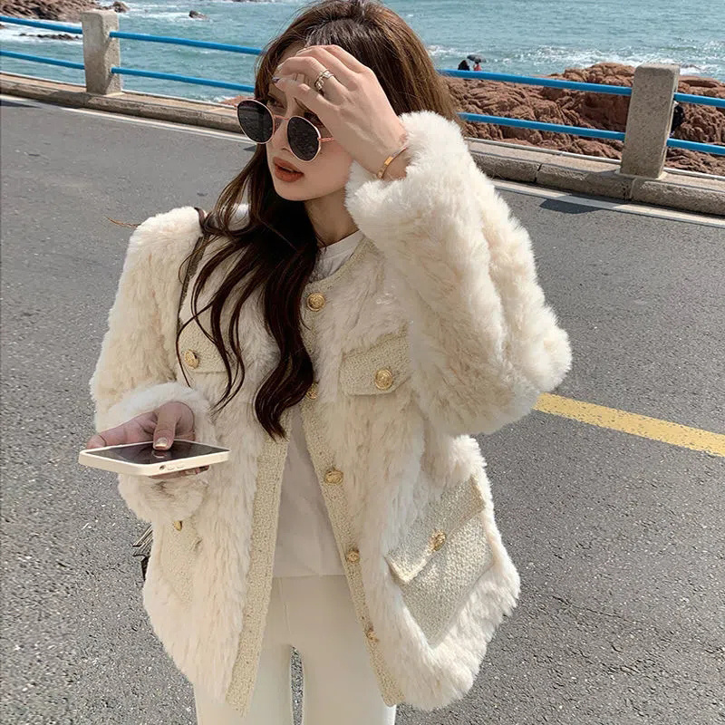 Korean Fashion Lamb Wool Coats Women Streetwear O-neck Faux Fur Jackets Woman Autumn Winter Thick Warm Plush Coat
