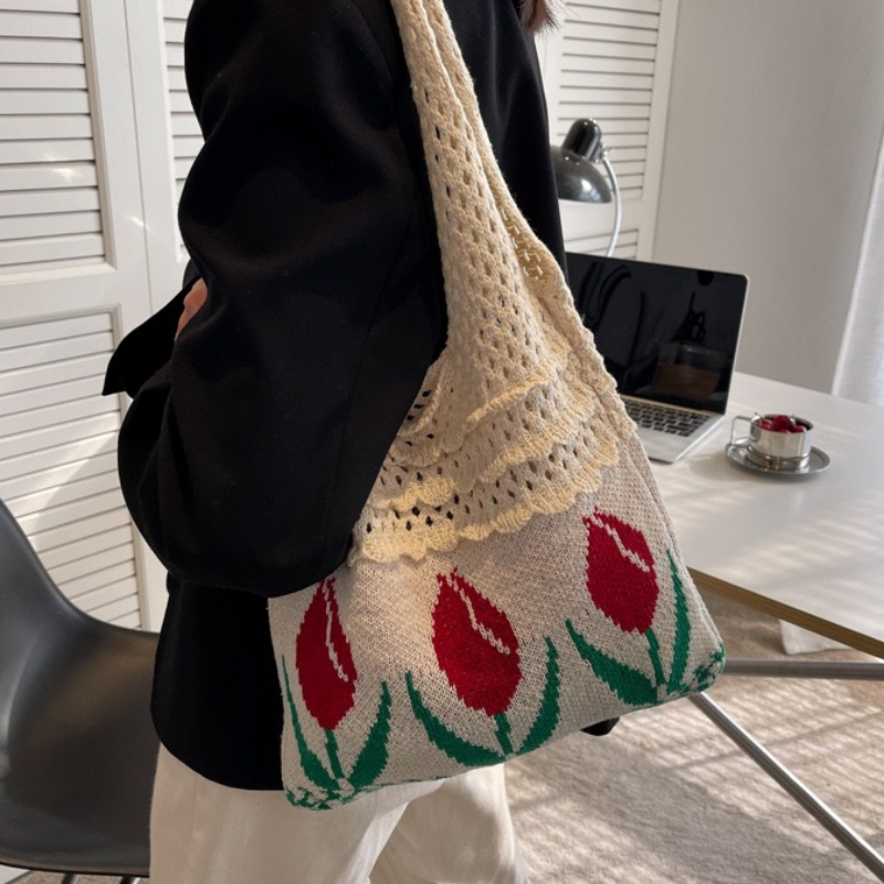 Tulip Knitted Bag Retro Flower Shoulder Bag Woolen Knitted Braid Handbag Fashion Art Chic Summer Holiday Tote Bags For Women