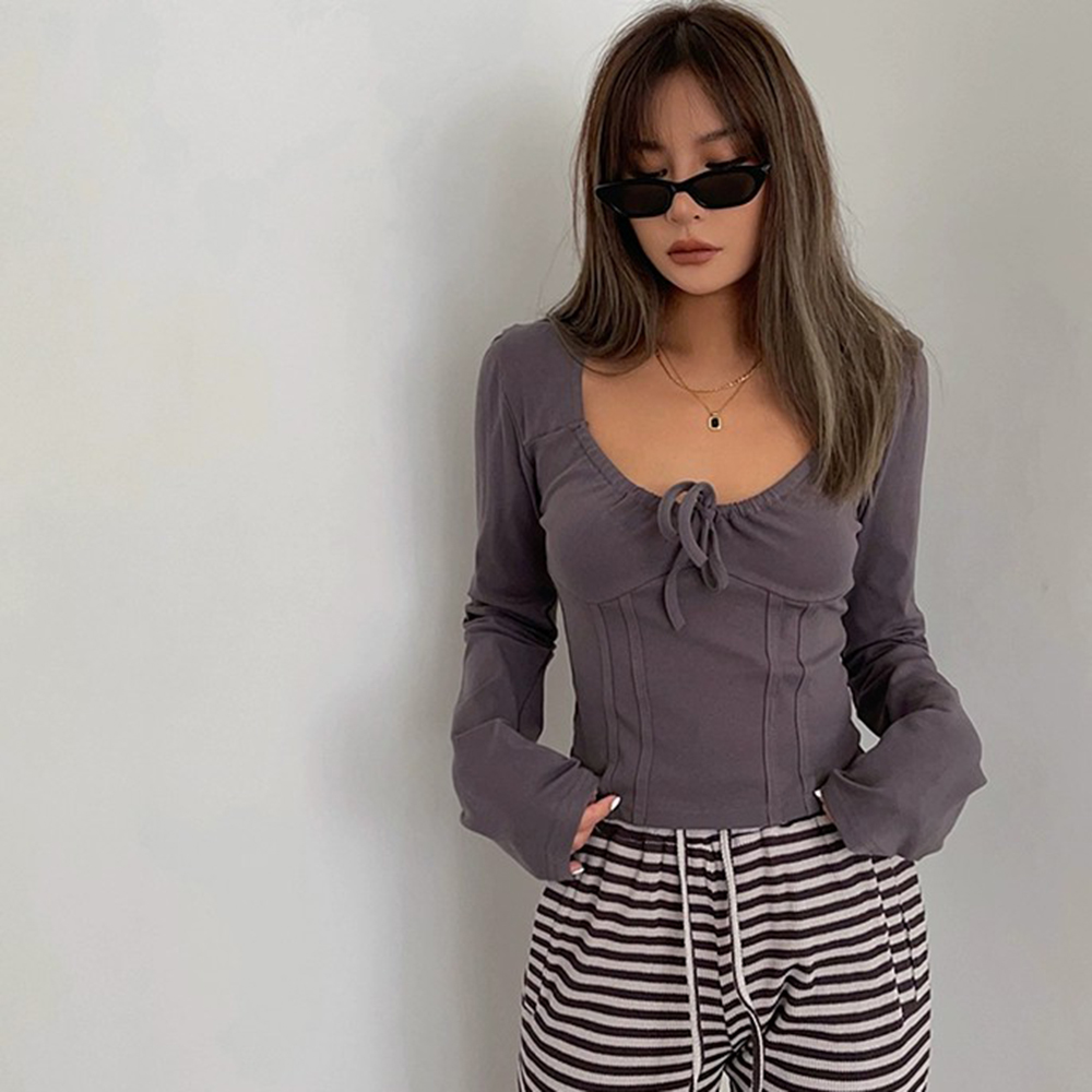 Slim-fitting High-waisted Cropped Top With Fishbone Long-sleeved Bottoming Shirt With Laces On The Chest