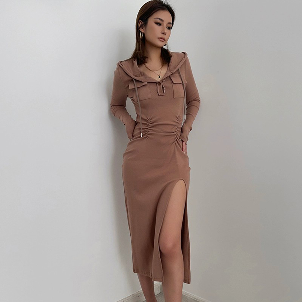 Hooded Slit Wrap-around Long Skirt With Patch Pockets And Pleated Waist-hugging And Elegant Long Skirt