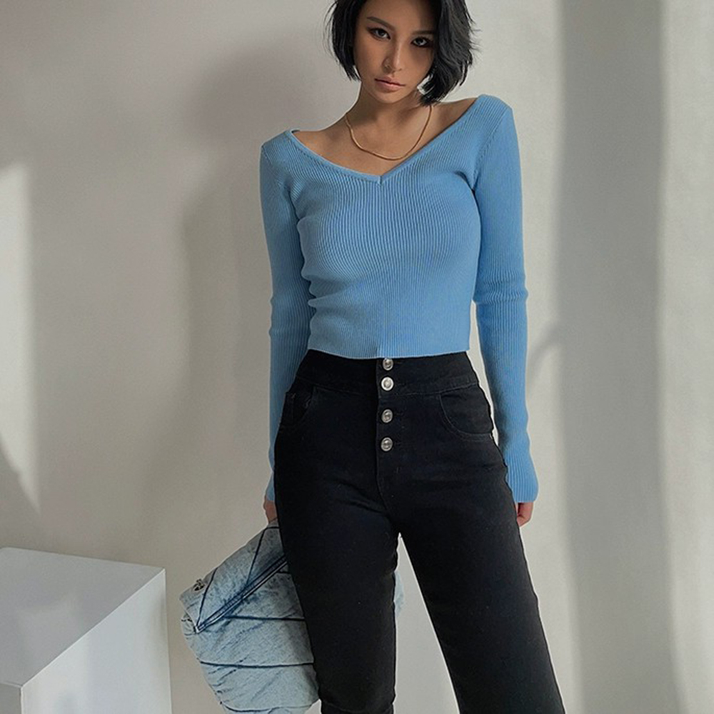 Sexy Front And Back V-neck Tight Long-sleeved Knitted Bottoming Shirt High-waisted Short Top For Women