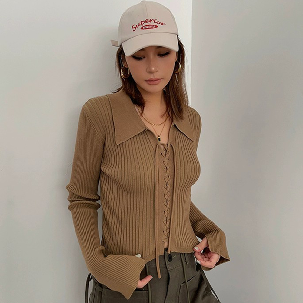 Women's Slim-fitting Short-fitting Knitted Strappy Lapel Long-sleeved Top
