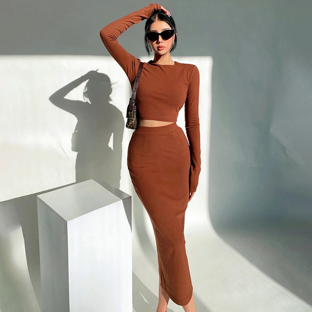 Sexy Tight Long-sleeved Dress Hip-covering Long Skirt Two-piece Set