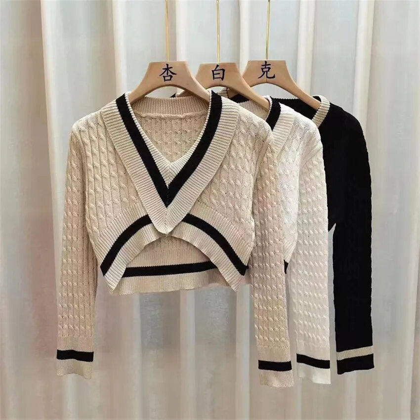 Korean Fashion Knitted Sweater Crop Top Y2k Clothes Autumn Winter Striped Sweaters Female Knitwear