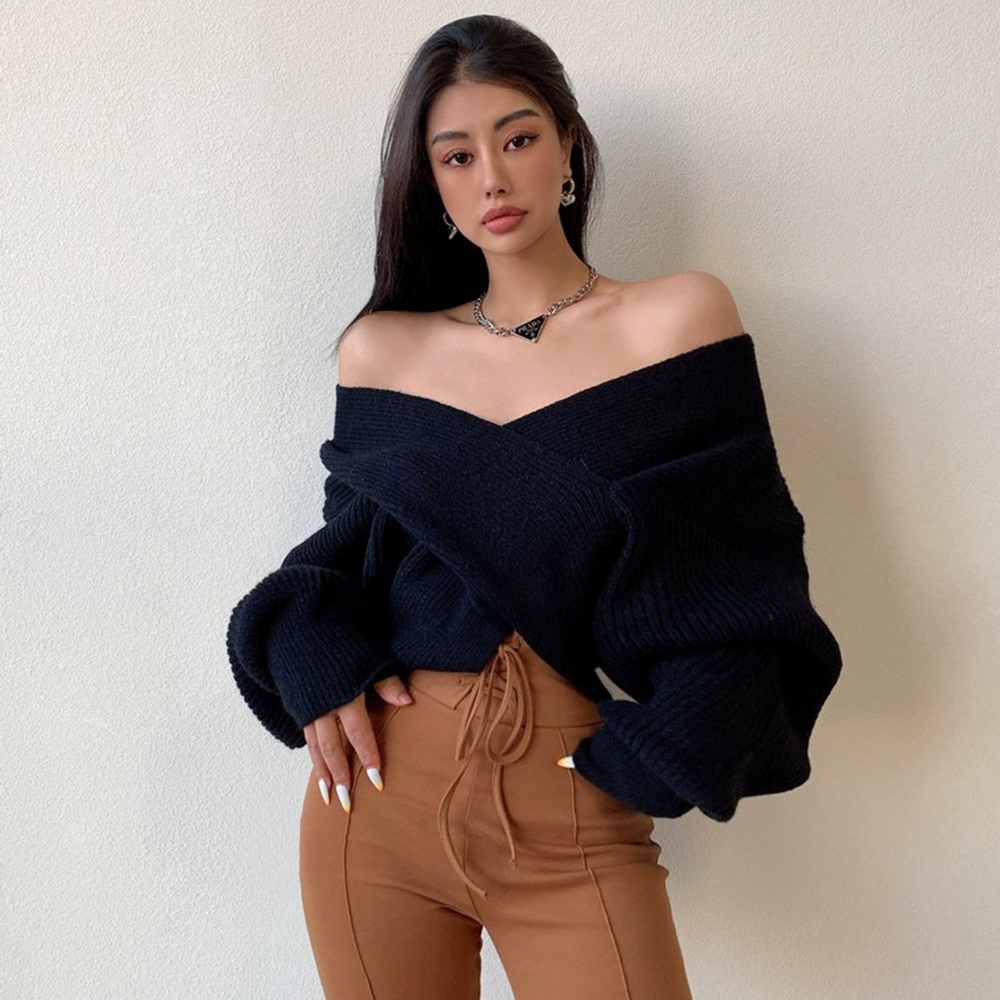 Sexy Loose Cross-over Sweater With Navel-baring One-shoulder Sweater Top