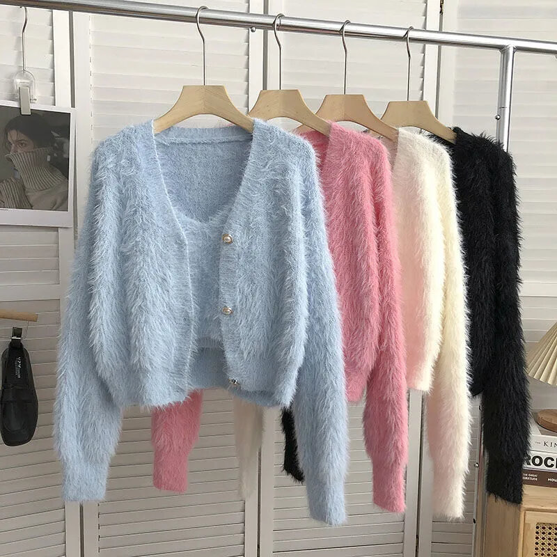Camisole Tops Korean Fashion Fleece Short Pink Cardigan Knitted Coat Pull Sueter White Sweaters For Women 2 Sets