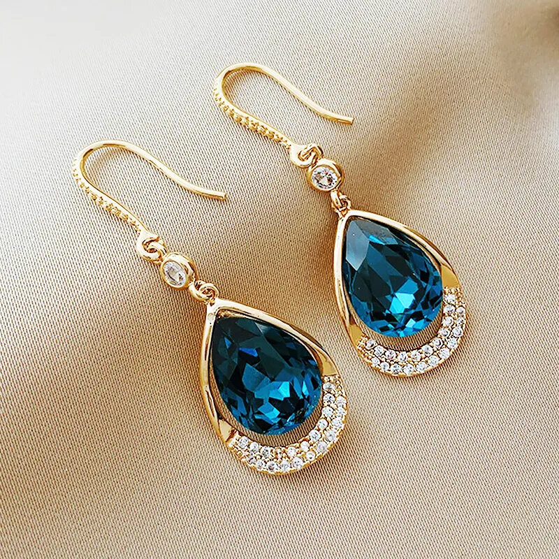 Korean Fashion Blue Water Drop Long Hanging Crystal Zircon Earrings For Women Girl Tassel Earring Party Jewelry Personality Gift