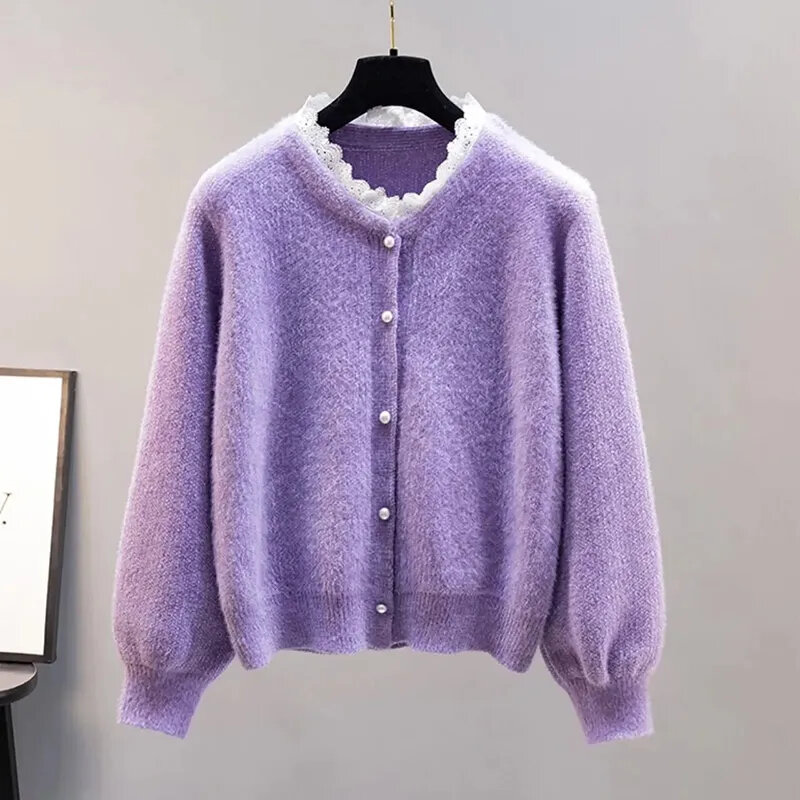 Casual Fashion Lace Buttons Knitted Sweater Korean Style Solid Color Jacket Cardigan Spring Autumn Loose Simple Women's Tops
