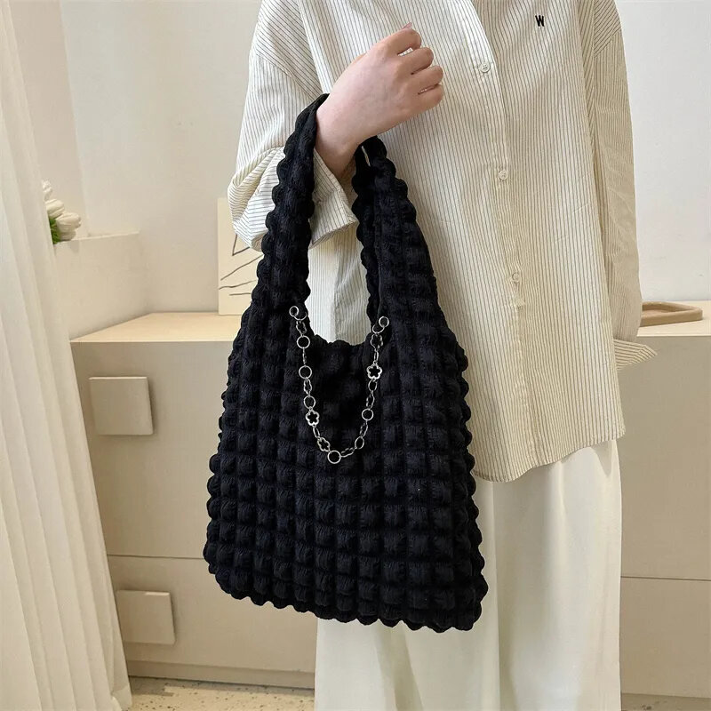 Korean Fashion Cloud Bubble Tote Bags For Women Girls Solid Color Casual Pleated Shoulder Bags Cute Small Shopper Purses Female