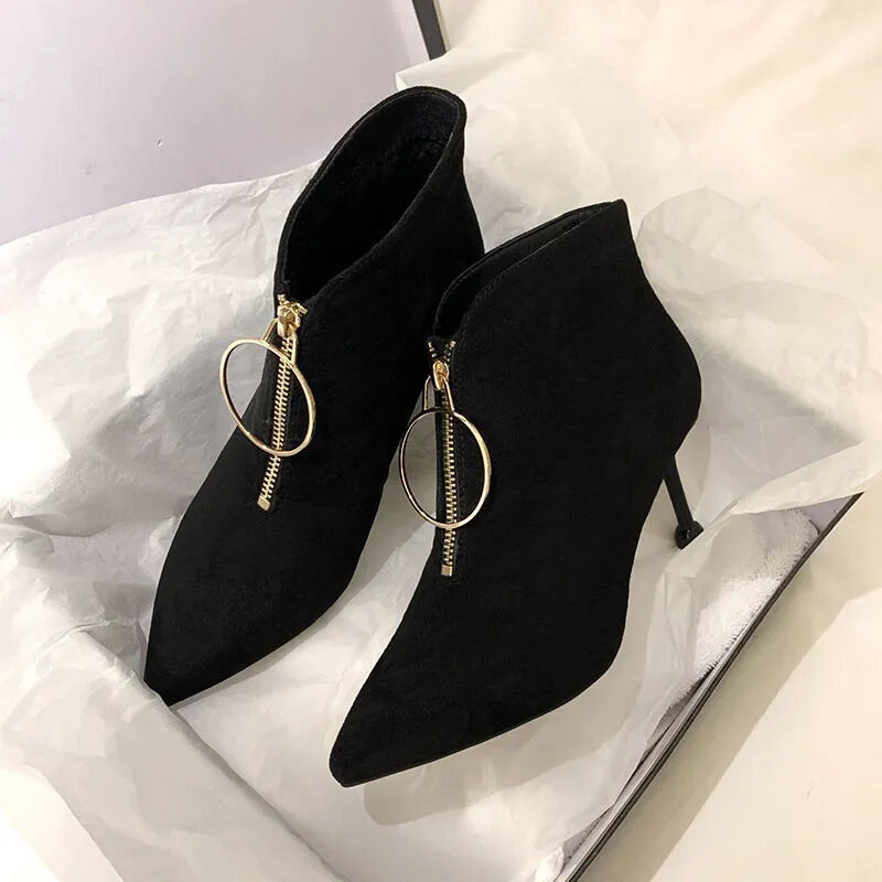 Footwear Heeled Female Ankle Boots Stripper Pole Very High Heels Booties Sexy Suede Short Shoes For Women Pointed Toe Goth