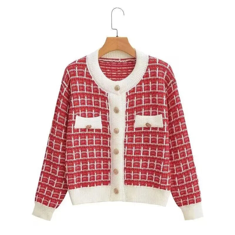 Early Autumn Sweater Women Knitted Cardigan Year Spring And Autumn Checker Red Small Fragrant Coat O Neck Sweater