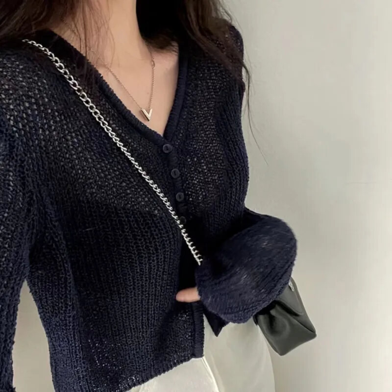 Korean Fashion Summer Knitted Cardigan Women Solid Color V-neck Long Sleeve See Through Thin Sun Protection Sweater Jackets