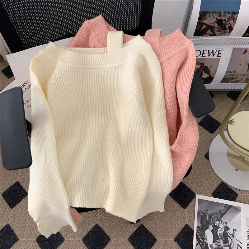 White Sweaters Women Off Shoulder Knitted Pink Pullovers Korean Simple Knitwear Autumn Winter Sweet Loose Casual Jumpers
