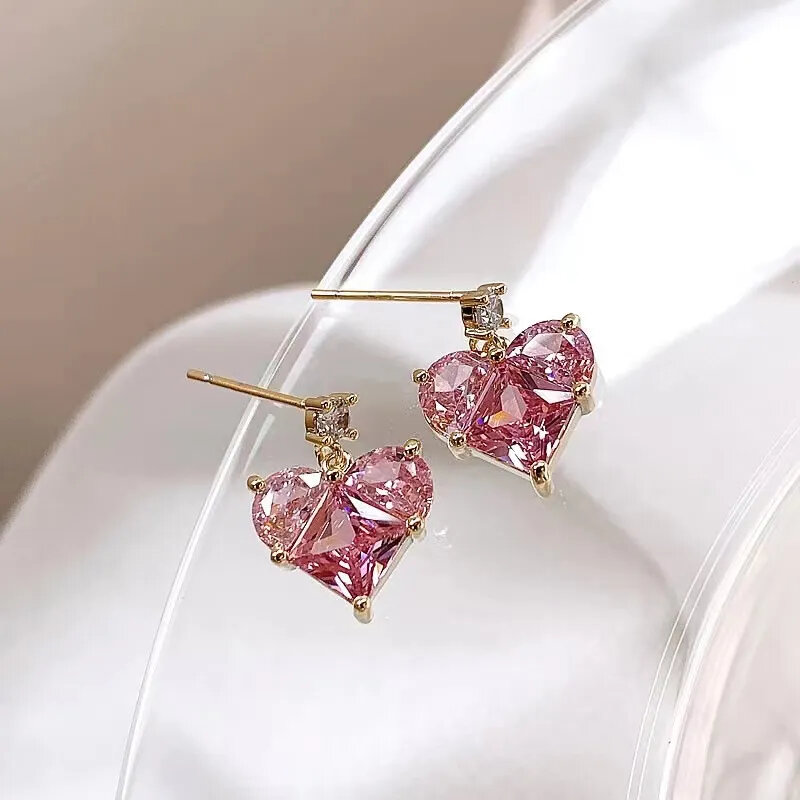 Silver Needle Pink Love Heart Crystal Earrings For Women Korean Fashion Exquisite Light Luxury Versatile Style Earring Gift