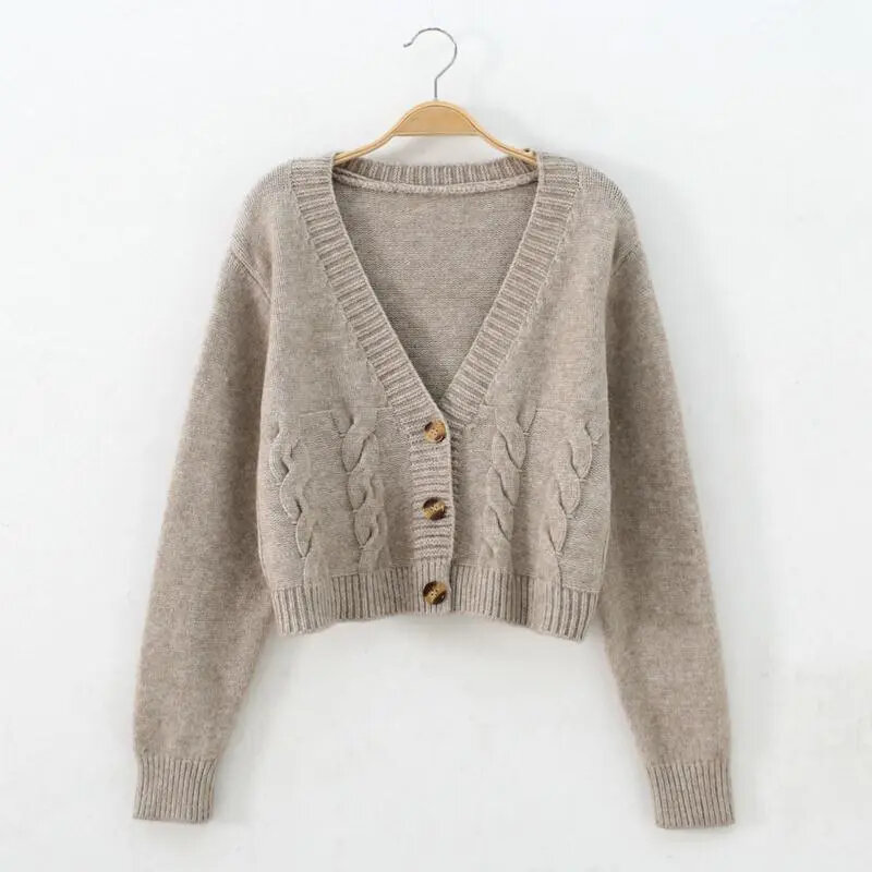 Autumn Winter Short High Waist Solid Color Sweater Women Single-breasted Knit Cardigan Small Sweter Women Jacket Top Femme