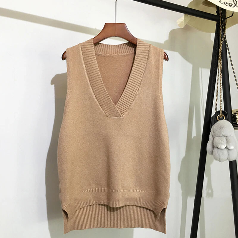 Vinatge V-neck Knitted Vest Sweater Autumn And Winter Loose Pullover Vest Solid Sleeveless Sweater Fashion Women's Clothes