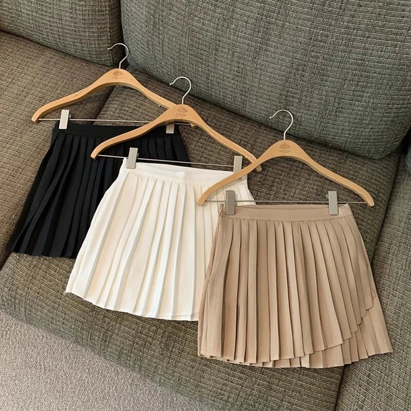 Irregular Pleated Mini Skirts Women High Waist Solid A Line Skirt Preppy Student Summer Korean Streetwear, Slim Casual Skirt