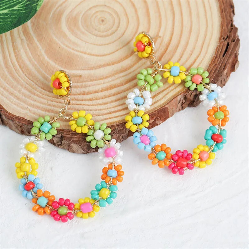 Color Braid Korean Geometric Round Handmade Flower Rice Ball Earring Women Fashion Bohemian Statement Jewelry Dynamism Cute Gift