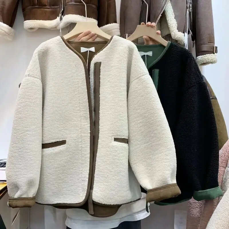 Winter S-2xl Loose Color Contrast Stitching Lamb Fur Short Coat Women Korean Style Chic Clothing Streetwear