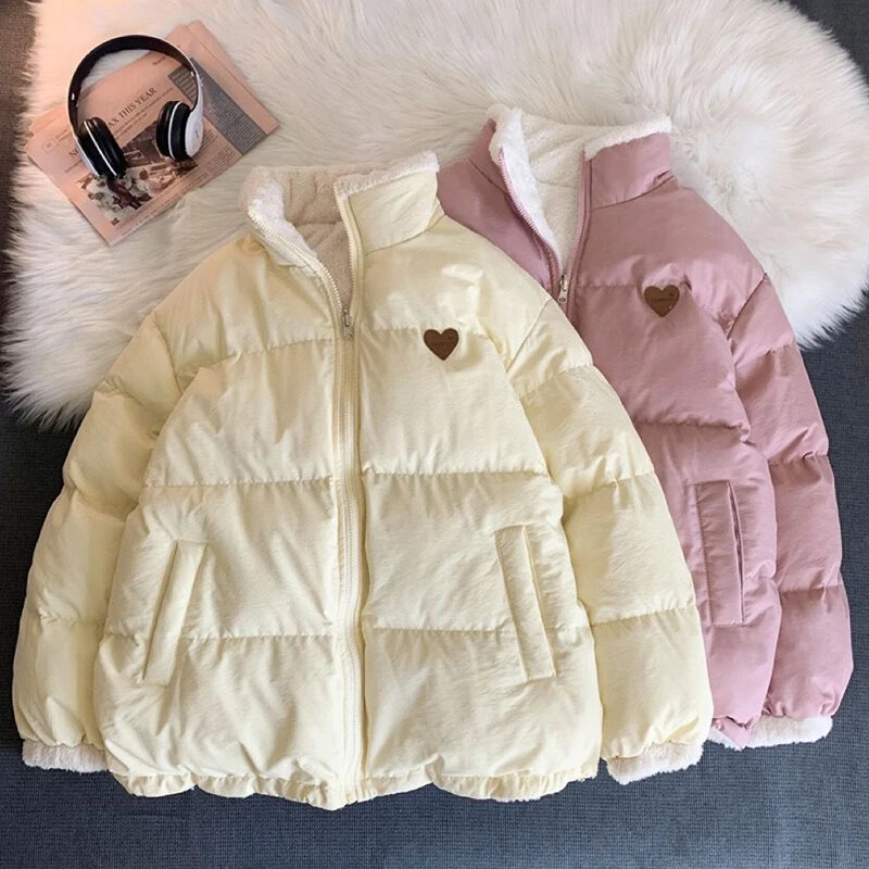 Cute Embroidery Parkas Coat Women Winter Korean Fashion Thick Loose Warm Jacket Double Sided Design Pink Student Clothes