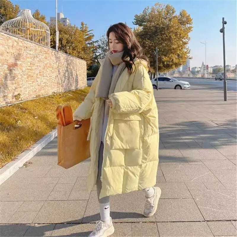 Winter Long Parkas For Women Milk Yellow Hat Big Pockets Parkas Warm Coat Korean Version Chic Cotton Bread Thickened Down Jacket