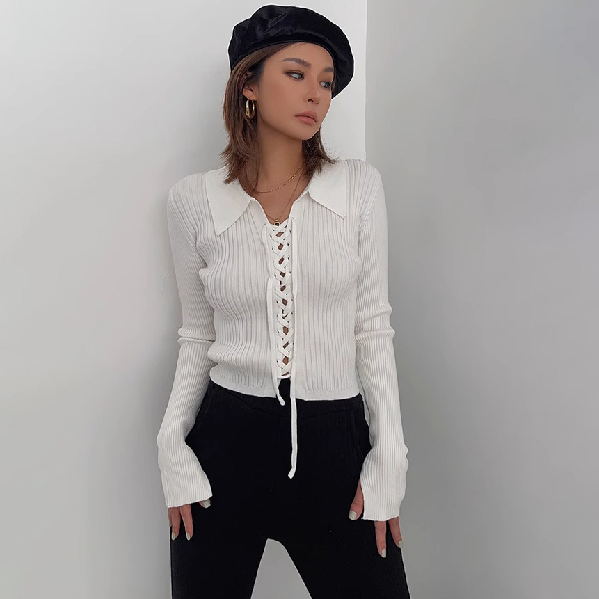 Women's Rib-knit Lace Up Front Tops Sweater Cardigan