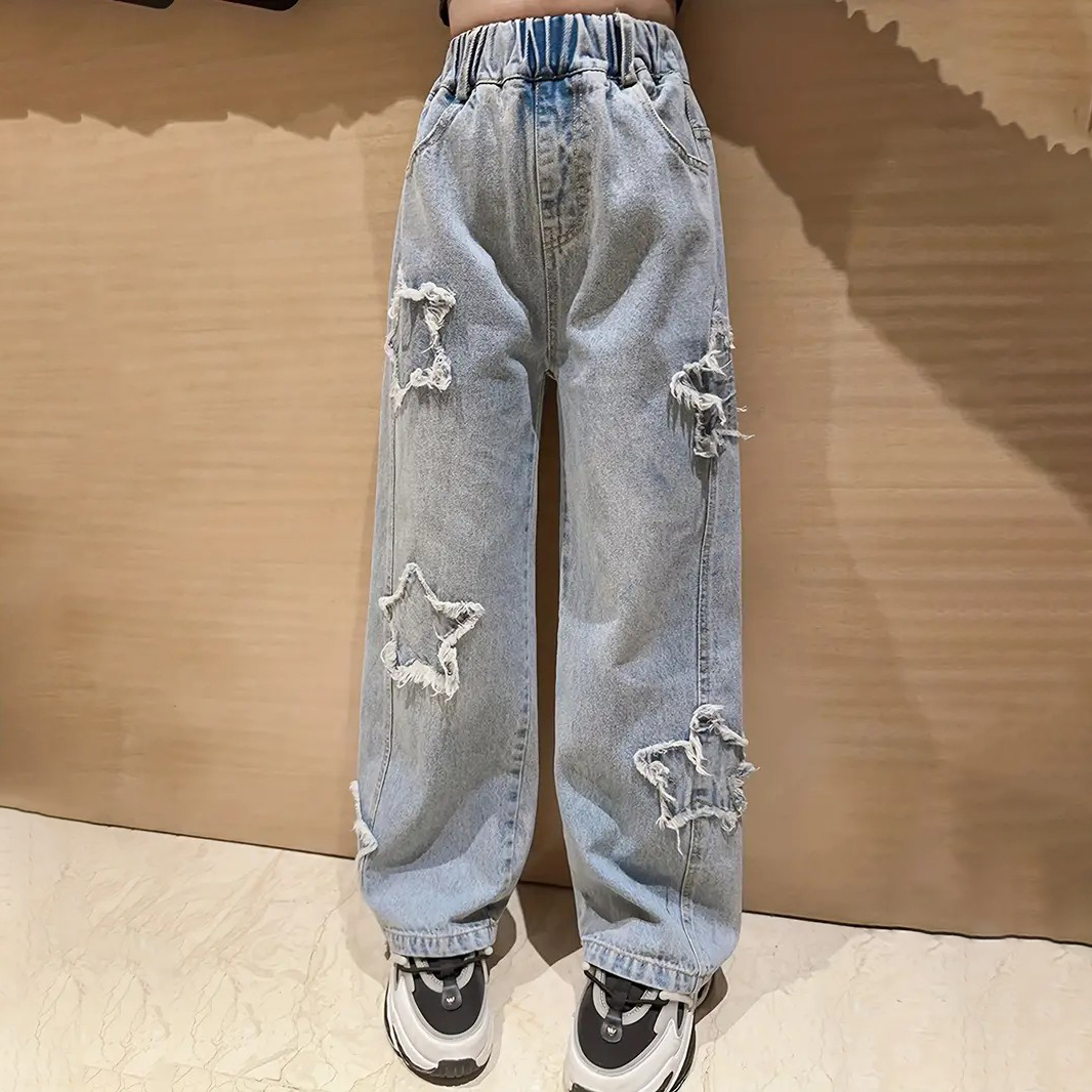 Girls' Trendy Stars Patch High Waist Retro Style Wide Leg Jeans