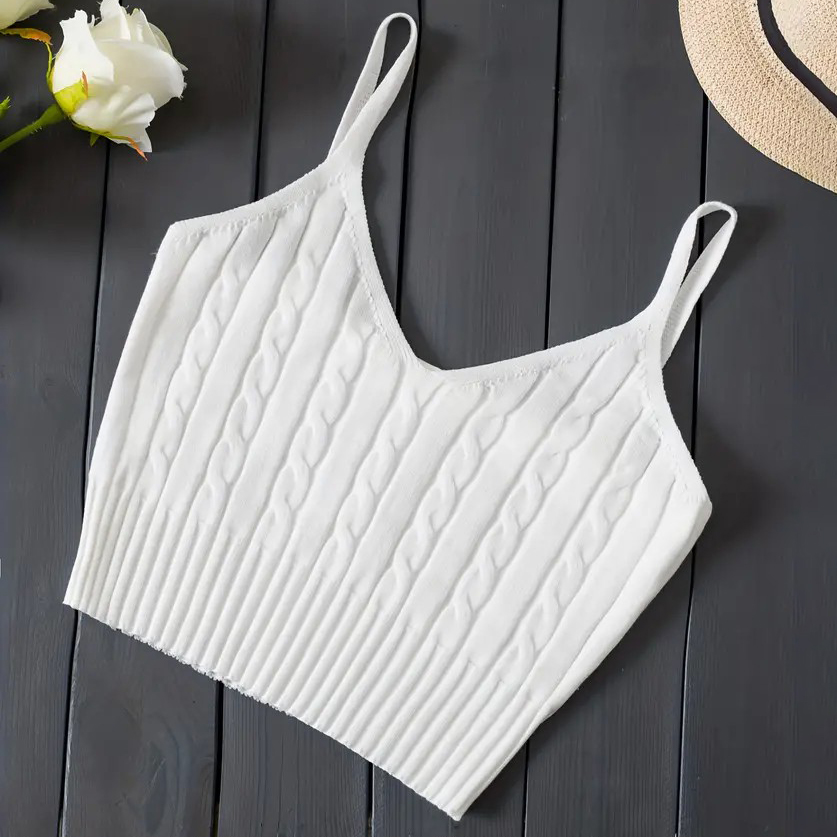 Knitted Cami Crop Top, Versatile Sleeveless Casual Top For Spring & Summer, Women's Clothing