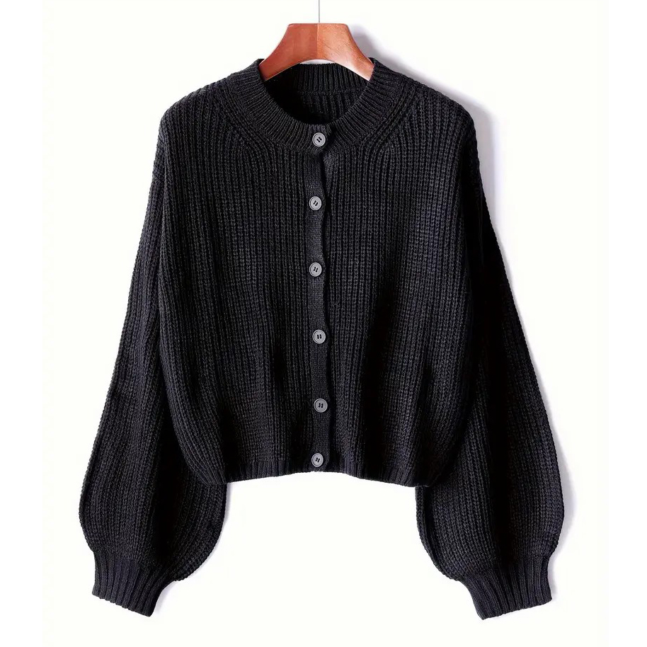 Solid Color Button Front Cardigans Top, Casual Crew Neck Long Sleeve Knitted Top For Every Day, Women's Clothing