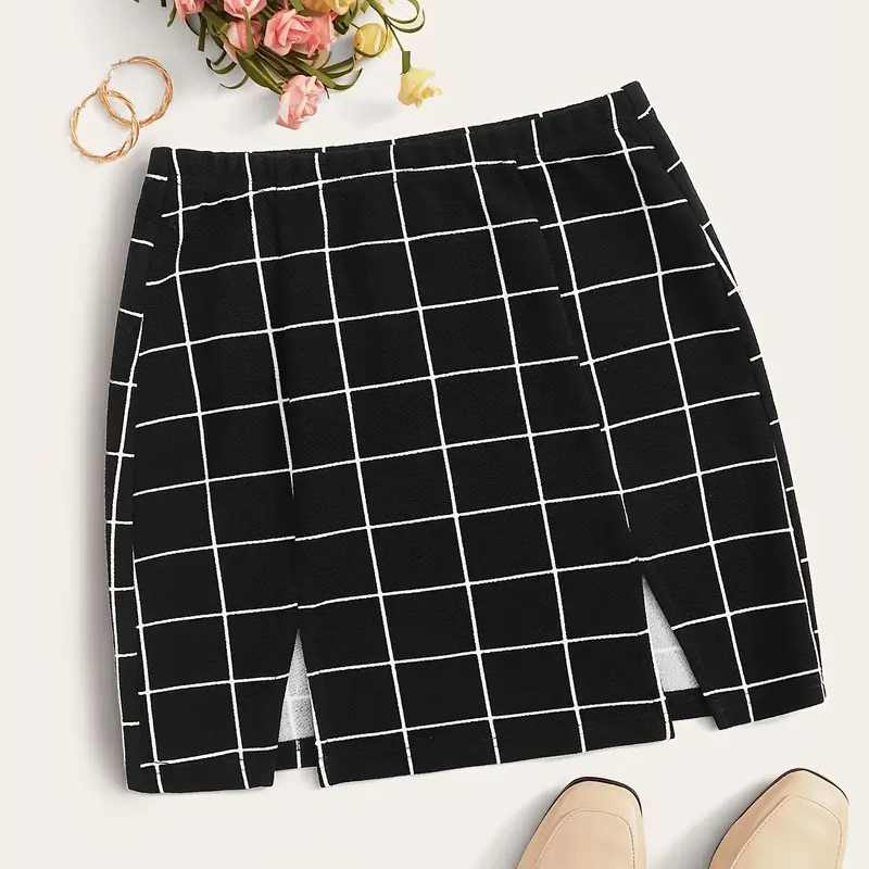 Plaid Print Split Hem Skirt, Casual A Line Mini Skirt For Summer, Women's Clothing