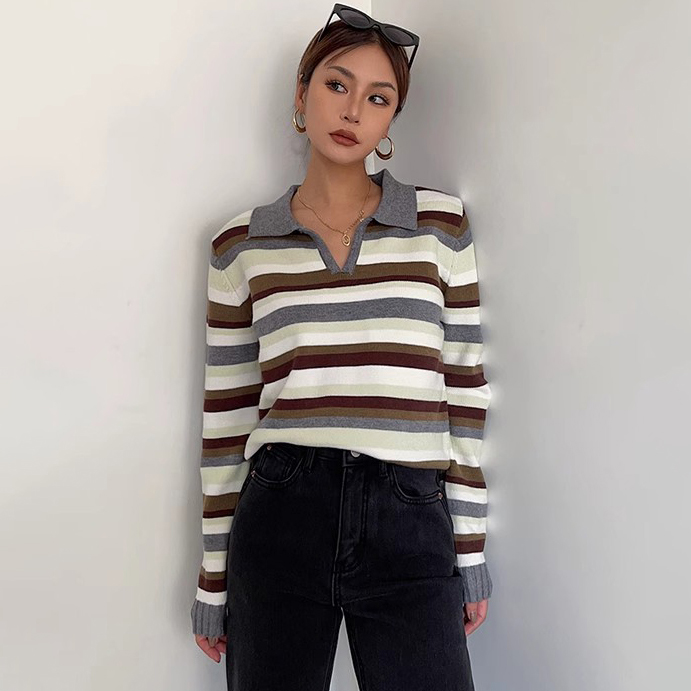 Women's Striped Print Long Sleeve Sweatshirt Tops