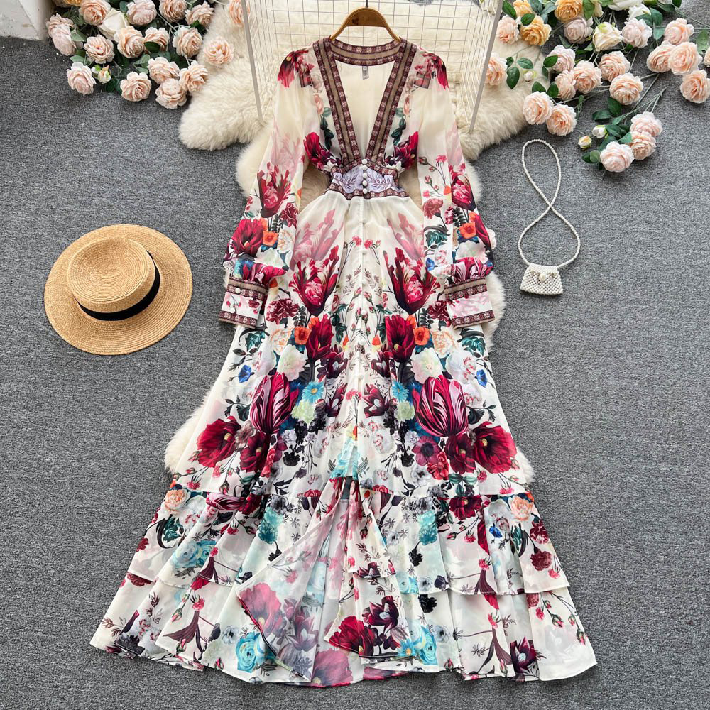 white christmas dresses MissJophiel One Shoulder Long Sleeves Floral Print Chiffon Dress with Side Slit Pink Floral Print / Tea Length / Custom Size main image 0