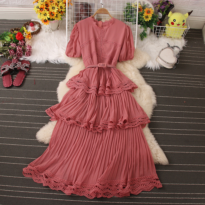 Fashion Women Short Sleeve Lace Chiffon Maxi Dress