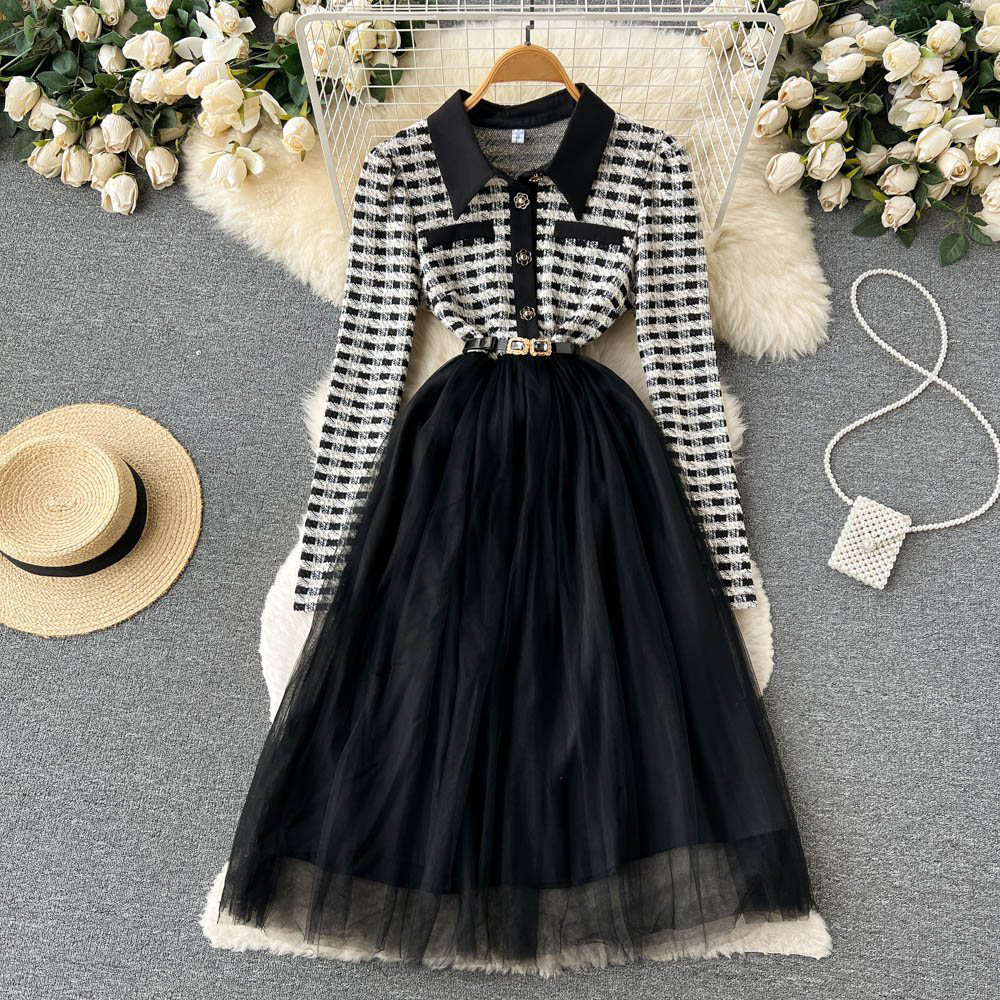 Fashion Women Plaid Long Sleeve Gauze Maxi Dress