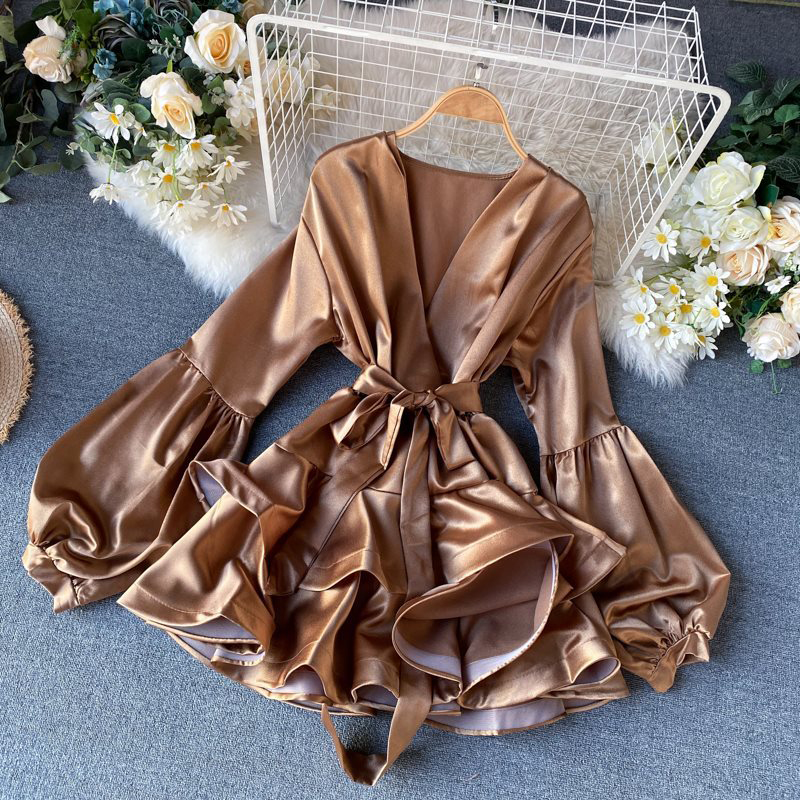 Fashion Women V-neck Strappy Long Sleeve Mini Dress on Luulla