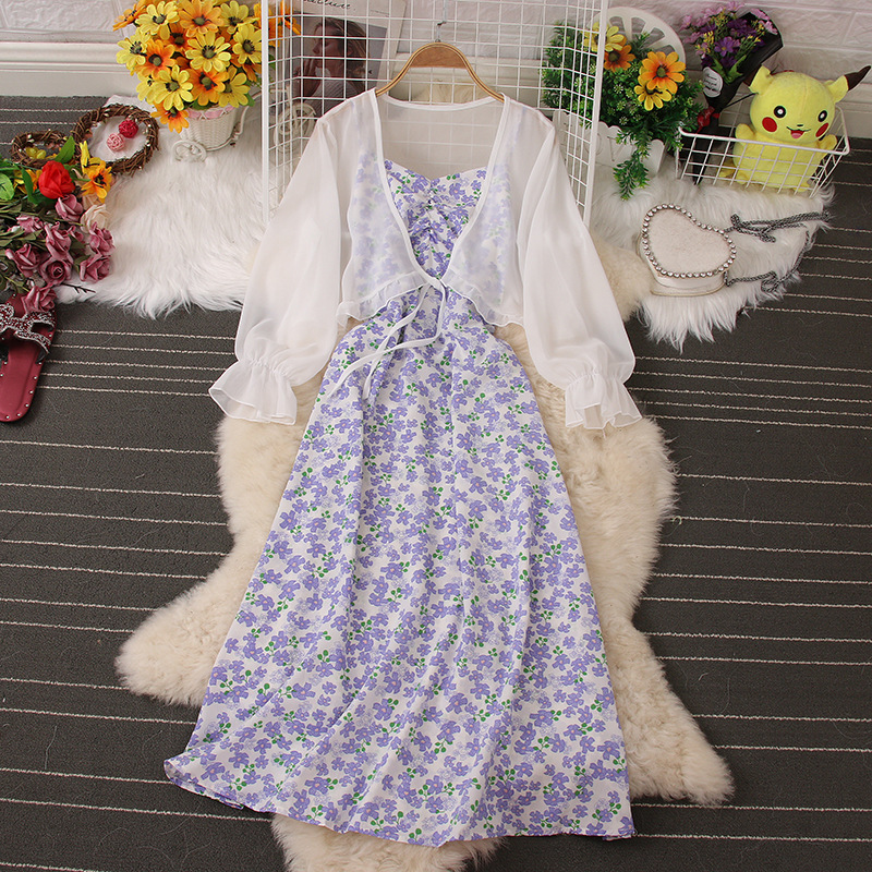 Fashion Women Floral Backless Strap Maxi Dress Chiffon Cardigan Top Set  Two-piece on Luulla