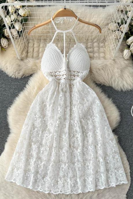 Backless Knit Mini Dress Women Halter Design Hook Hollow Out Patchwork Fahsion Ladies Beach Style A Line Dresses