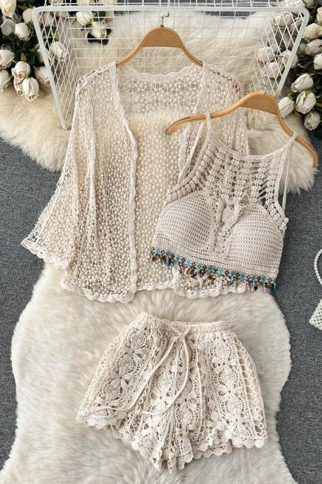 Beach Style Sets Women Vacation Knitted Cardigan+ Short Camisole+ Mini Shorts Sexy Three Piece Suits